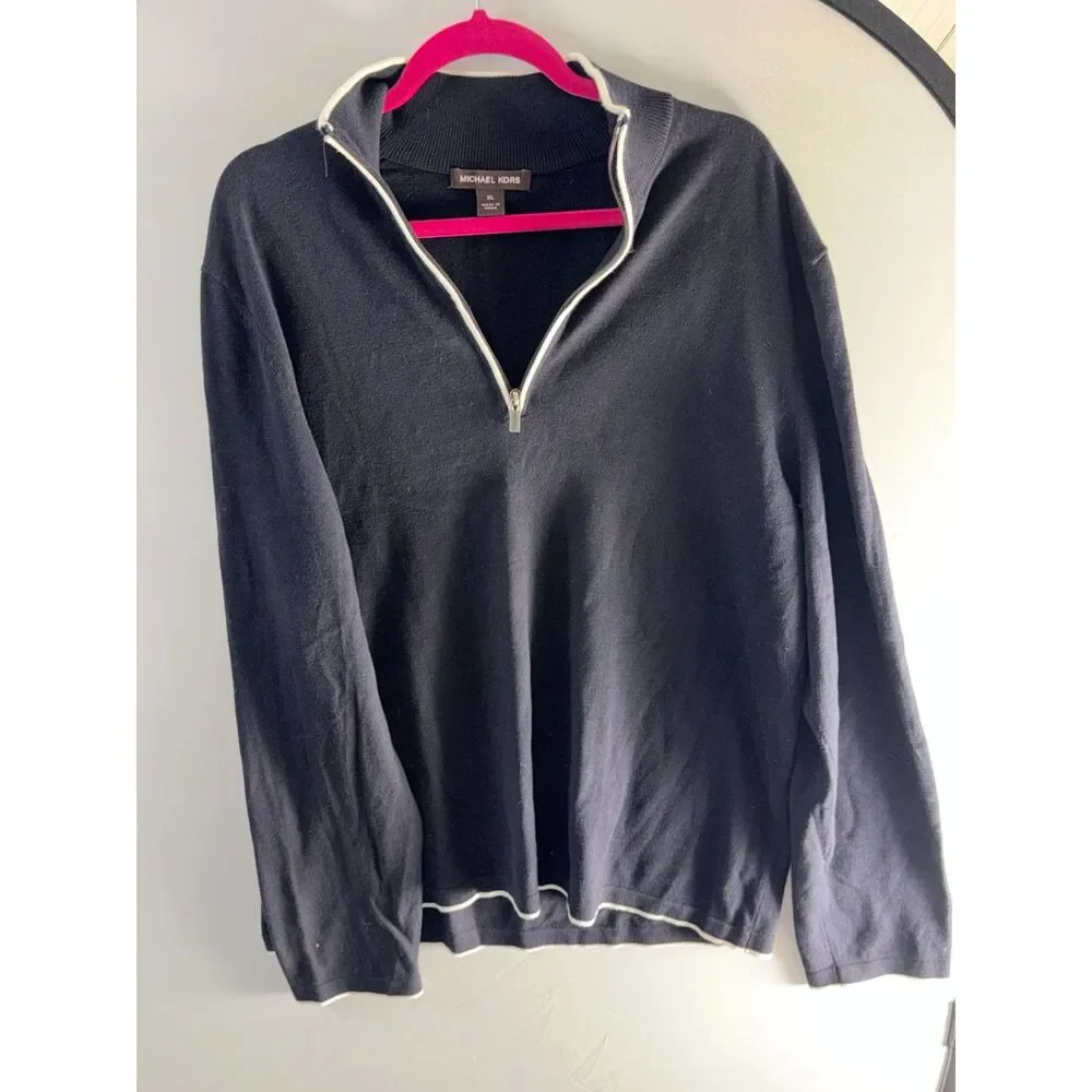 Michael Kors XL Navy Quarter Zip Sweater White Trim Preppy Country Club
